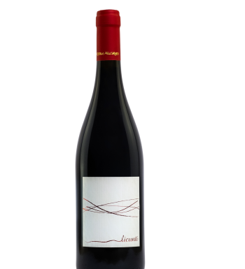 Bottiglia di vino Li Cunti-Malvasia Nera. Bottiglia con collo stretto,presenta un tappo rosso con il nome dell'azienda scritto in giallo, l'etichetta è bianca con delle onde rosse all'interno e la scritta "li cunti"in basso a destra